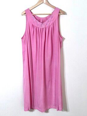 Shadowline Pink Petals Nylon Nightgown 1X Rose Embroidered Neckline Sleeveless